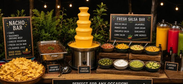 Bijou nacho bar station with cheese fountain and salsa bar