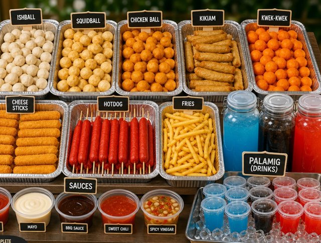 Bijou Pinoy street food table with fishball, kikiam, and cheese sticks